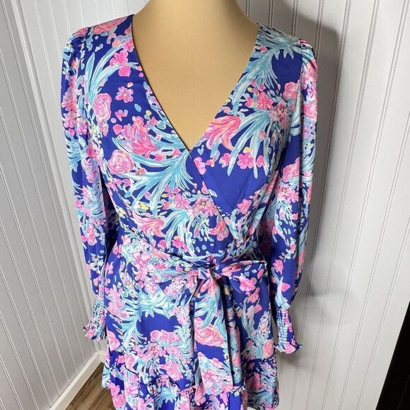 Lilly Pulitzer Sz 8 Rosie Stretch Dress Womens Navy Turquoise Pink Belted NICE - Picture 8 of 16